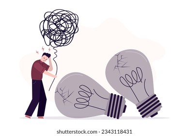 Burnout at work. Unhappy businessman near extinguished light bulbs. Not creative employee, lack of ideas. Problem with imagination, brainstorming and creativity. flat vector illustration
