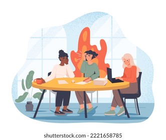 Burnout at work. Woman on fire sits at her workplace and communicates with colleagues. Pressure, panic and stress. Psychology and mental health. Poster or banner. Cartoon flat vector illustration