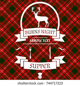 Burns night card with deer and thistle on tartan background. Vector illustration.