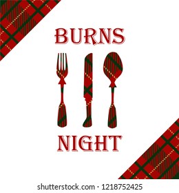 Burns Night Card With Fork,knife And Spoon On Plaid Background