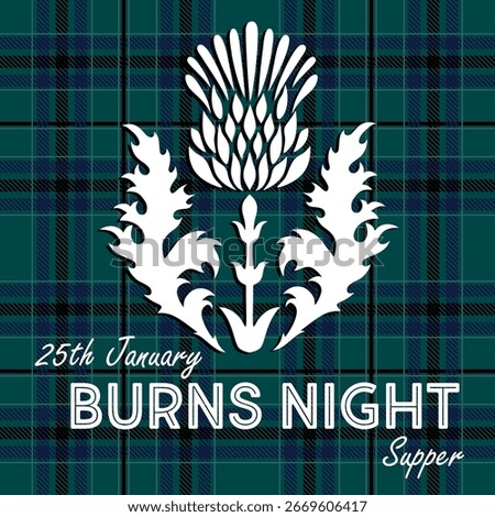 Burns night supper background with thistle on tartan background. Menu with lettering for restaurant, party.