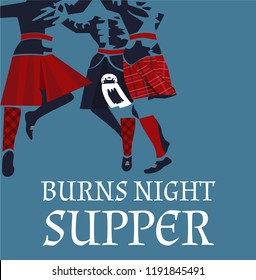 Burns Night Supper Card With Dancing Men In Kilts. Vector Illustration.