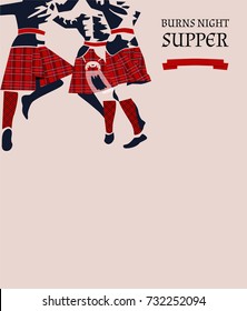 Burns Night Supper Card With Dancing Scots. Vector Illustration. 