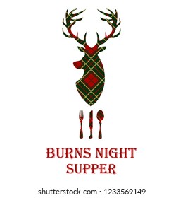 Burns Night Supper Card With Deer On Plaid Background.