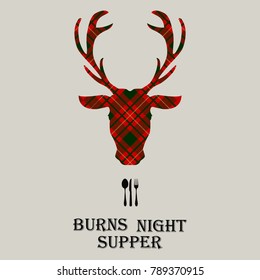 Burns Night Supper Card With Deer's Head On Tartan Background. Vector Illustration.