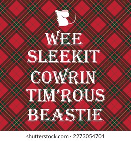 Burns night supper card with mouse on tartan background. Vector illustration. 