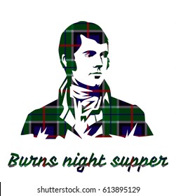 Burns night supper card on tartan background.. Vector illustration. 