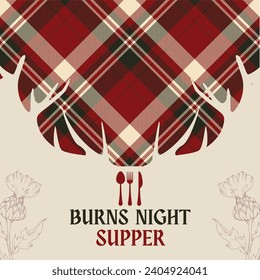 Burns night supper card. Thistle with tartan background. Burns Night - national holiday in Scotland. Vector illustration.