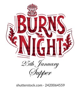 Burns night supper card with thistle on tartan background. Menu with lettering for restaurant, party...