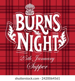 Burns night supper card with thistle on tartan background. Menu with lettering for restaurant, party...