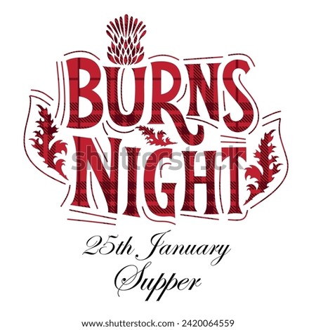 Burns night supper card with thistle on tartan background. Menu with lettering for restaurant, party...