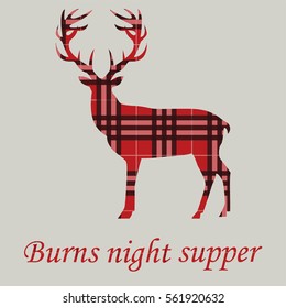 Burns night supper. Deer on tartan background. Vector illustration.