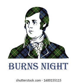 Burns night supper with Robert Burns portrait on tartan background. Vector illustration. 