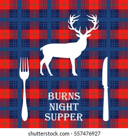 Burns nights supper card with deer, fork and knife. Vector illustration