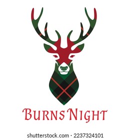 Burns nights supper card with head of deer on tartan background.