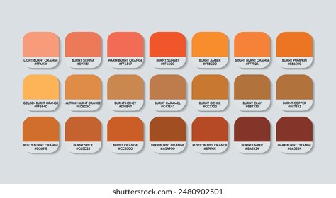 Burnt Color Palette, Burnt Color Guide Palette with Color Names. Catalog Samples of Orange Burnt with RGB HEX codes and Names. wood and plastic, Fashion Trend Burnt Colour Palette Vector Design