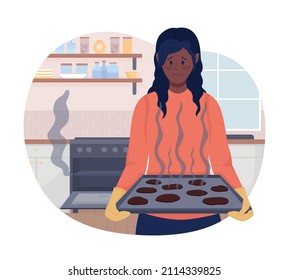 Burnt Cookies 2D Vector Isolated Illustration. Upset Woman With Failed Baked Food Flat Characters On Cartoon Background. Accident In Kitchen. Everyday Situation And Daily Life Colourful Scene