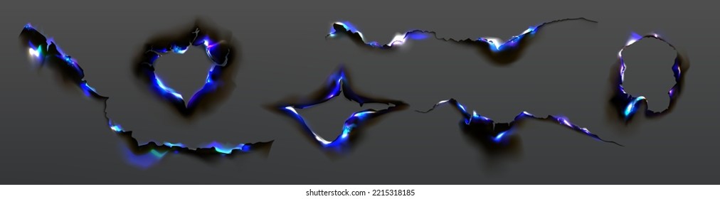 Burnt edges and holes in paper with blue fire and black ash. Borders and frames from scorched and smoldering torn edges with magic flame, vector realistic set isolated on gray background