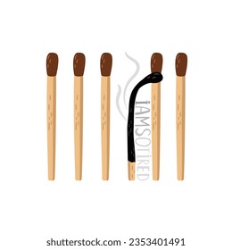 Burnt and extinguished match among whole matches. Burnout and fatigue concept. Illustration of burnt and matchstick fire, flame heat flammable icon