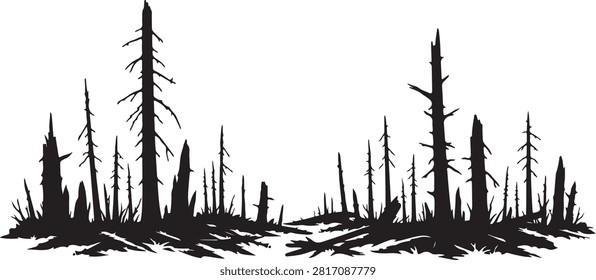 Burnt forest landscape with dead tree trunks silhouette vector on white background