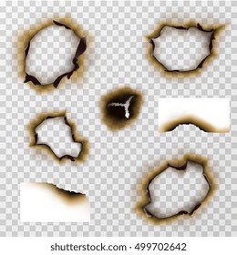 Burnt hole in paper or pergament, scorched paper vector set. Damage edge and destroyed sheet illustration