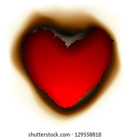 Burnt hole in shape of heart, vector illustration.