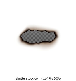 Burnt hole texture on paper sheet realistic vector mockup illustration isolated on transparent background. Template of damaged in fire original border or frame design.