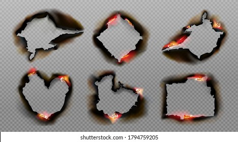 Burnt holes in paper with fire and black ash. Vector realistic set of different shapes frames from scorched and smoldering paper sheets with torn edges isolated on transparent background