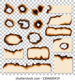 Burnt holes or realistic scorched piece of paper. Dirty edges of parchment sheets left by fire or flame. Damaged surface, old notes remnants or scraps realistic vector isolated on transparent