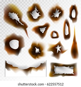Burnt holes scorched paper vector elements on transparent background