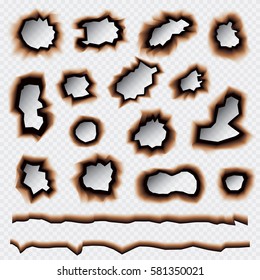 Burnt Holes Set Isolated on Transparent Background. Vector Illustration.