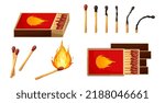 Burnt match stick with fire and matchbox. Set of boxes, opened and close isplated on white background. Vector illustration