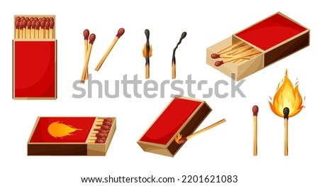 Burnt match stick with fire and matchbox. Set of boxes, opened and close isplated on white background. Vector illustration