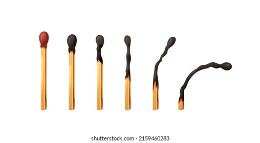 Burnt match stick with fire. Set of matchsticks with sulfur head flaming stages from ignition to extinction. Cartoon spark bonfire vector illustration.