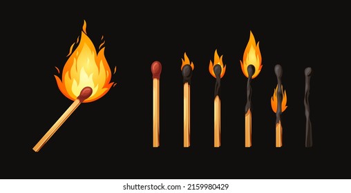 Pareja quemada con fuego. Conjunto de pegatinas con las fases de inflamación de la cabeza de azufre desde el encendido hasta la extinción. Ilustración del vector de la hoguera de dibujos animados.