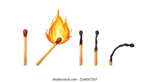 Burnt match stick with fire. Set of matchsticks with sulfur head flaming stages from ignition to extinction. Cartoon spark bonfire vector illustration.