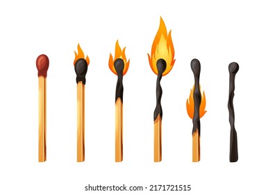 Pareja quemada con fuego. Conjunto de pegatinas con las fases de inflamación de la cabeza de azufre desde el encendido hasta la extinción. Ilustración del vector de la hoguera de dibujos animados.