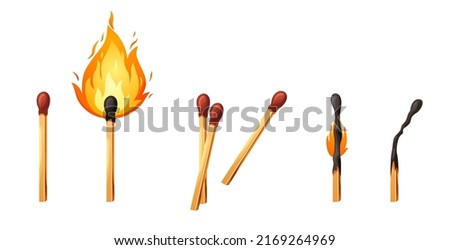Burnt match stick with fire. Set of matchsticks with sulfur head flaming stages from ignition to extinction. Cartoon spark bonfire vector illustration.