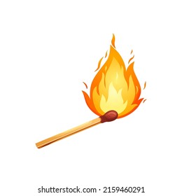 Burnt Match Stick With Fire. Whole, Ignite Wooden Matchstick. Cartoon Safety Isolated On White Background. Vector.