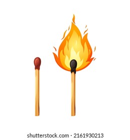 Burnt Match Stick With Fire. Whole, Ignite Wooden Matchstick. Cartoon Safety Isolated On White Background. Vector Set.