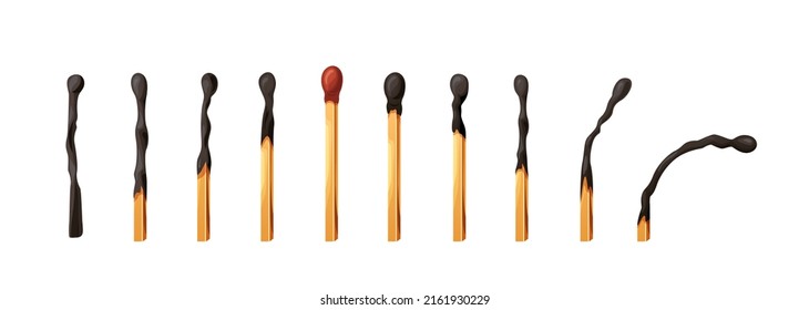 Burnt Match Stick With Fire. Whole, Ignite Wooden Matchstick. Cartoon Safety Isolated On White Background. Vector Set.