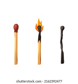 Burnt Match Stick With Fire. Whole, Ignite Wooden Matchstick. Cartoon Safety Isolated On White Background. Vector Set.