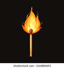 Burnt Match Stick With Fire. Whole, Ignite Wooden Matchstick. Cartoon Safety Isolated On Black Background. Vector.