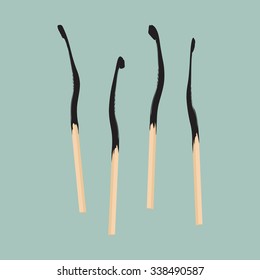 Burnt matches. Wooden matchstick. Vector flat illustration.