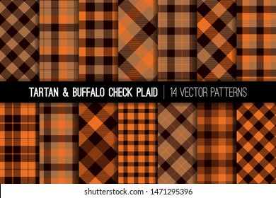 Burnt Orange Brown Tartan and Buffalo Check Plaid Vector Patterns. Halloween Background. Fall Fashion. Hipster Lumberjack Flannel Shirt Fabric Textures. Pattern Tile Swatches Included.