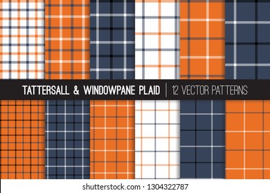 Burnt Orange, Navy Blue, Black and White Tattersall & Windowpane Plaid Vector Patterns. Trendy Fashion Textile Print. Small to Large Scale Check Textile Prints. Pattern Tile Swatches Included.
