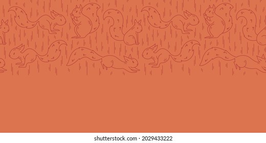 Burnt orange squirrel silhouette seamless border with hand drawn stripes background print. Vector illustration. For kids or home decor projects. Surface pattern design.