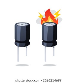 Burnt out electrolytic capacitor component vector isolated on white background.