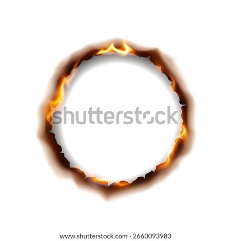 Burnt paper circle creating a fiery effect on a clean white background. Flames and charred edges add dramatic visual impact, ideal for creative design projects.