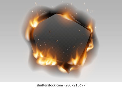 Burnt paper creating a fiery frame over dark background with glowing sparks and smoke
